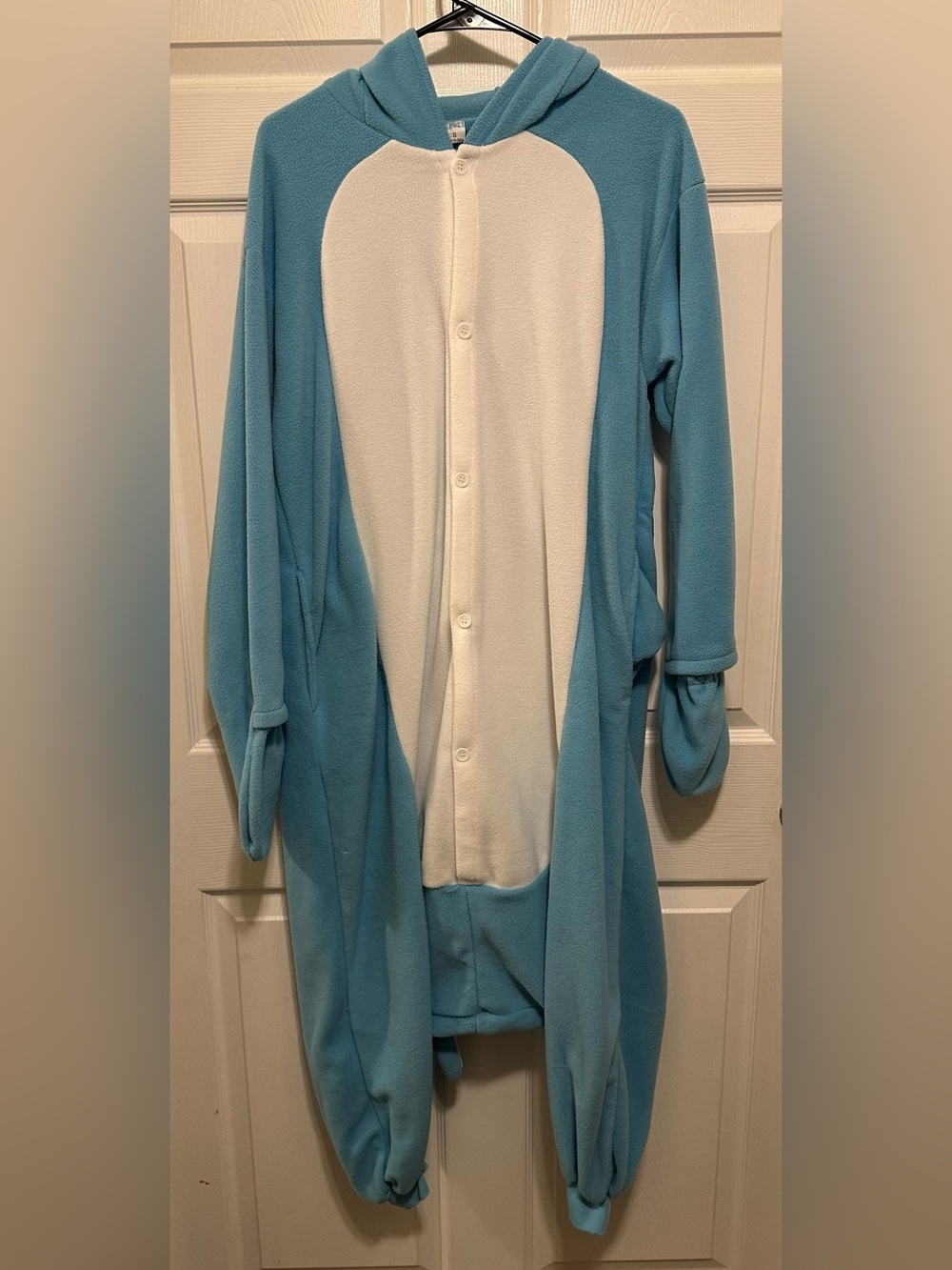 Men's Hooded One-Piece Fleece Narwhal Costume - Light Blue and White